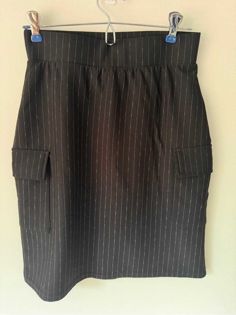 Pinstripe Black Mini Skirt with Cargo Flap Pockets